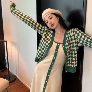 Long-sleeve Plaid Knit Cardigan / Spaghetti-strap Color Block Knit Dress