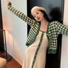 Long-sleeve Plaid Knit Cardigan / Spaghetti-strap Color Block Knit Dress