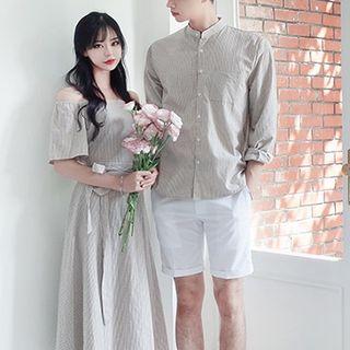 Couple Matching V-neck Shirt / Off-shoulder Short-sleeve A-line Dress