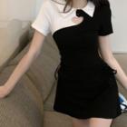 Short-sleeve Heart Cutout Mini Dress Black & White - One Size