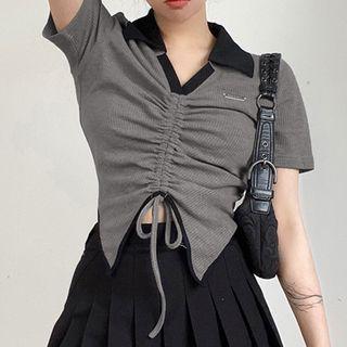 Short-sleeve Drawstring Crop Polo Knit Top