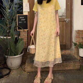 Short-sleeve T-shirt Dress / Floral Print Spaghetti-strap Midi Dress