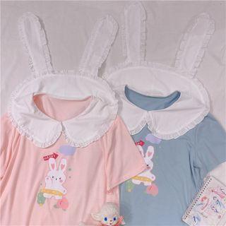 Short-sleeve Rabbit Print Collared T-shirt