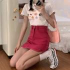 Denim Mini Straight-fit Skirt / Printed Short-sleeve T-shirt / Lace Up Short-sleeve Blouse