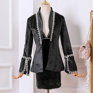 Set: Bell-sleeve Velvet Blazer + Spaghetti Strap Mini Velvet Dress