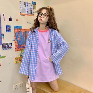 Short-sleeve Bear Print Top + Long-sleeve Plaid Shirt