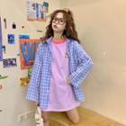 Short-sleeve Bear Print Top + Long-sleeve Plaid Shirt