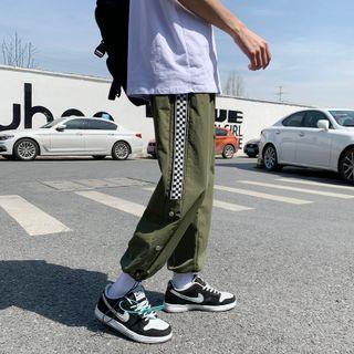 Checkerboard Print Panel Drawstring-cuff Cropped Pants