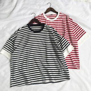 Striped Elbow-sleeve T-shirt Red & White - Xl