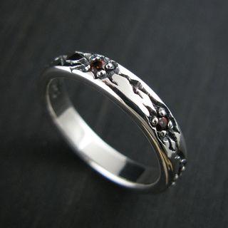 Garnet Engraved Sterling Silver Ring