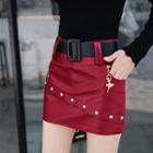 Faux Leather Rhinestone Mini Pencil Skirt