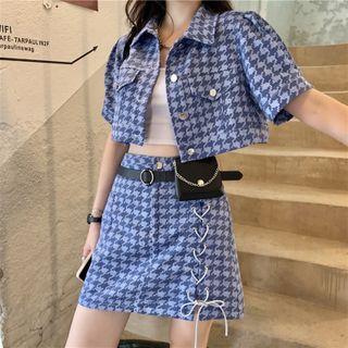 Short-sleeve Houndstooth Cropped Jacket / Mini Pencil Skirt