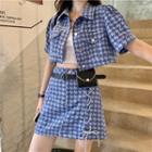 Short-sleeve Houndstooth Cropped Jacket / Mini Pencil Skirt