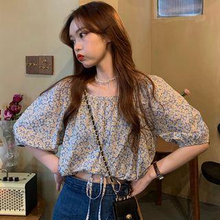Floral Print Puff-sleeve Cropped Blouse Floral - One Size