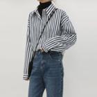 Polo-collar Striped Long-sleeved Shirt Stripe - Blue & White - One Size