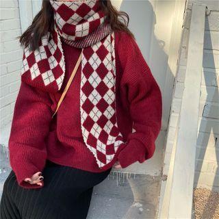 Plain Long-sleeve Knit Sweater + Patterned Knit Scarf