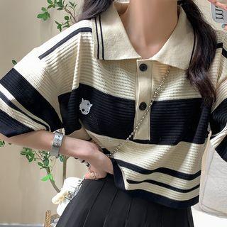 Short-sleeve Striped Knit Polo Shirt / Pleated Mini A-line Skirt