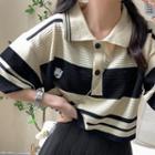 Short-sleeve Striped Knit Polo Shirt / Pleated Mini A-line Skirt