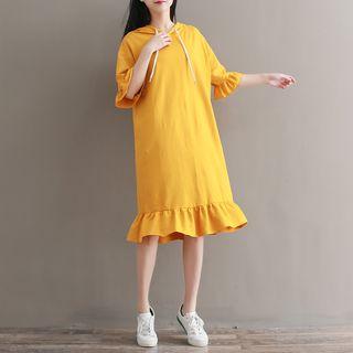 3/4-sleeve Hooded Ruffled Dress