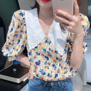 Short-sleeve Floral Print Contrast Collar Blouse