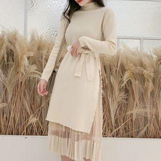Set: Beaded Mock Neck Knit Dress + Pleated Midi Skirt