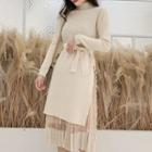 Set: Beaded Mock Neck Knit Dress + Pleated Midi Skirt