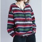 Striped V-neck Long-sleeve Oversize T-shirt As Shown In Figure - One Size