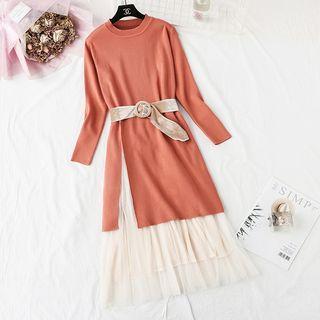 Set: Slit-side Long Sweater + Mesh Midi Skirt