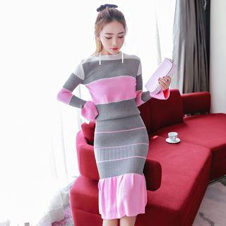 Set: Color Block Sweater + Mermaid Hem Knit Skirt