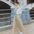Set: Mock Two-piece Short-sleeve Midi Dress + Checker Print Shawl