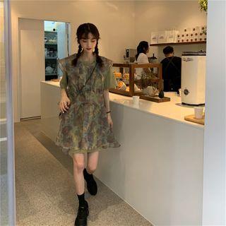 Elbow-sleeve T-shirt / Flower Print Sleeveless Mini A-line Dress