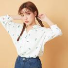 3/4-sleeve Feather Print Shirt White - One Size