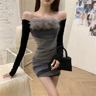 Long-sleeve Furry Trim Mini Sheath Dress Black - One Size