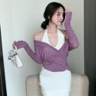 Long-sleeve V-neck Top / Halter Sheath Knit Dress
