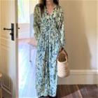 Long-sleeve Square Print Maxi A-line Dress Blue Square - Light Blue - One Size