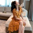 Short-sleeve Asymmetrical Patterned Mini A-line Dress