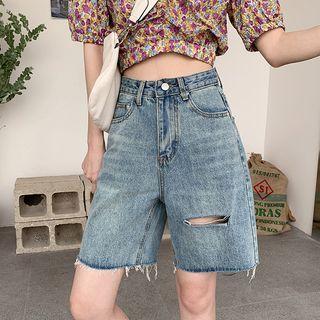 High Waist Washed Distressed Denim Shorts