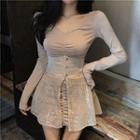 Long-sleeve Lace-up Gathered Waist Dress With Belt