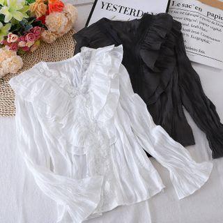 V-neck Lace Ruffle Bell-sleeve Top