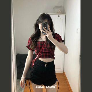 Puff-sleeve Plaid Cropped Blouse / High Waist Drawstring Denim Shorts