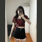 Puff-sleeve Plaid Cropped Blouse / High Waist Drawstring Denim Shorts