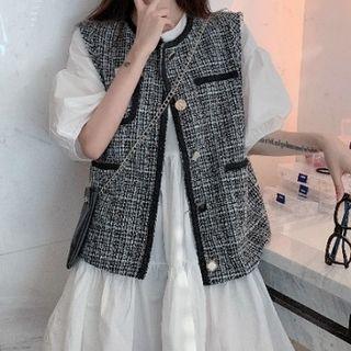Plain Puff-sleeve Dress / Melange Vest