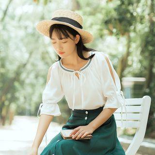 Cut Out Elbow-sleeve Blouse