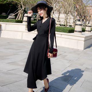 Long-sleeve Buttoned Midi Wrap Dress
