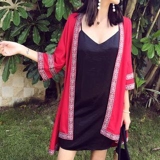 Patterned Trim Light Jacket Wine Red - One Size