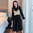 Plain Long-sleeve Midi A-line Dress / Crochet Knit Cropped Camisole