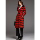 Double-breasted Tartan-plaid Long Coat With Sash Red - One Size