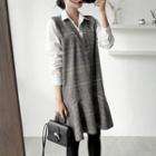 Mock Two-piece Long-sleeve Plaid A-line Dress