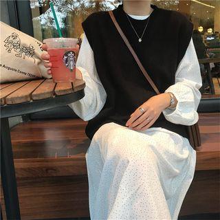 Plain Long-sleeve Loose-fit Dress / Plain Knit Vest