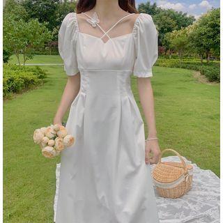 Short-sleeve Butterfly Applique Midi A-line Dress